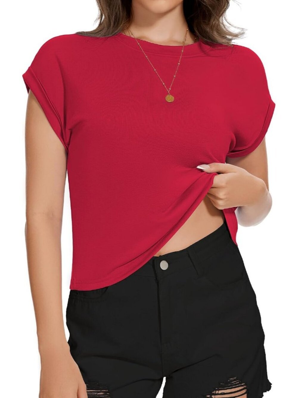 Women's Red Crew Neck Cap Sleeves Crop Summer Casual Pull On Basic Tees Shirts - Picture 6 of 6